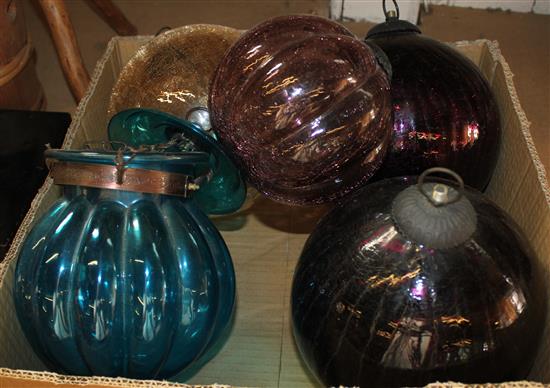 Collection coloured glass fishermens floats, etc. (5)